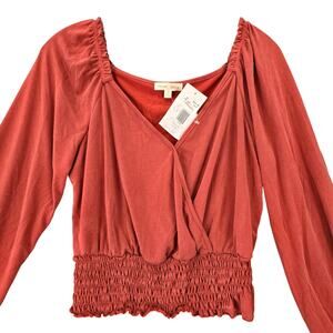 Moa Moa Brown Rust V-Neck Shirt NEW $44 Long Sleeves Elastic Waist Womens Size M
